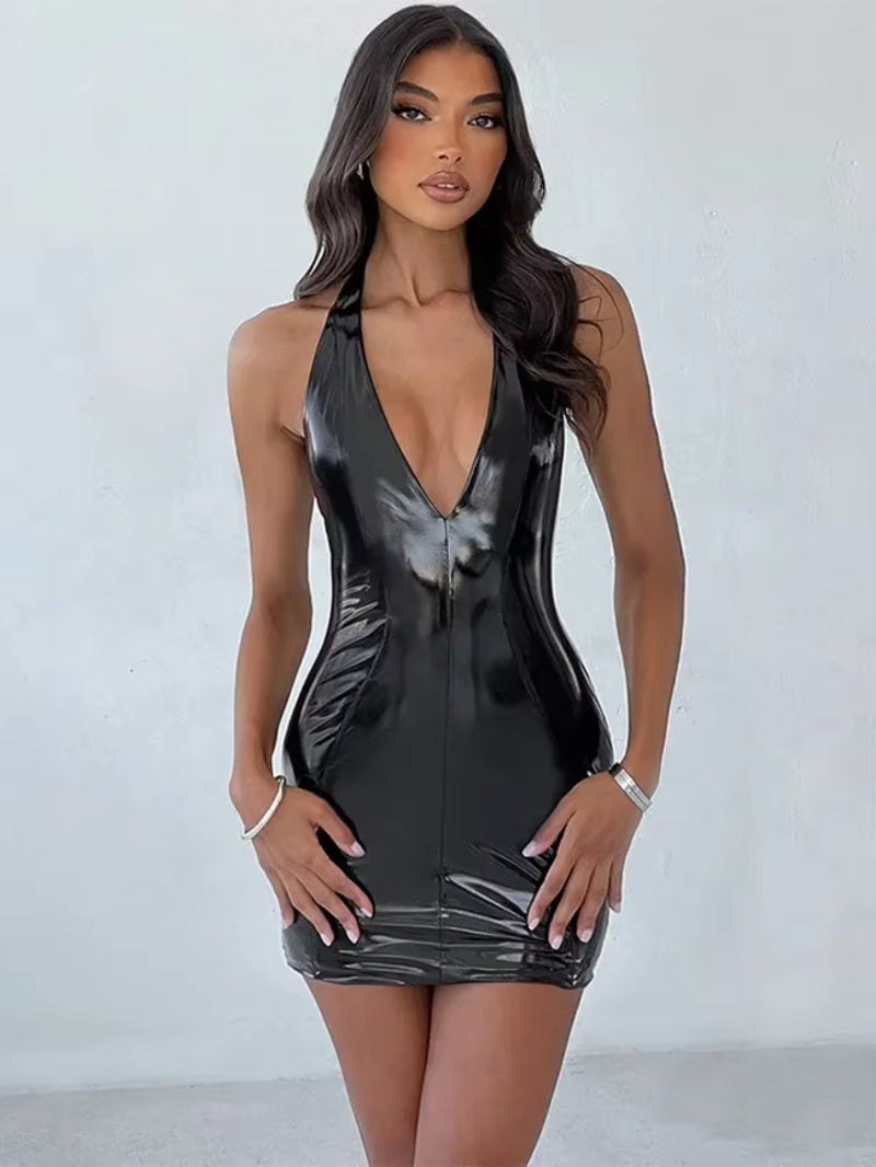 Sexy Slim Short Streetwear Women Clothing Fashions One-Piece V-Neck Sleeveless Dress for Women Colour PU Neck-Mounted Dresses